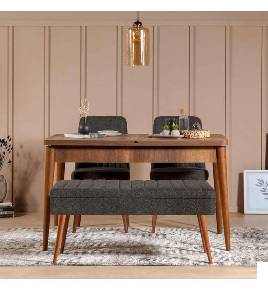 Extendable Dining Table & Chairs Set , 4 Pieces, Walnut, Anthracite, Melamine Coated Particle Board