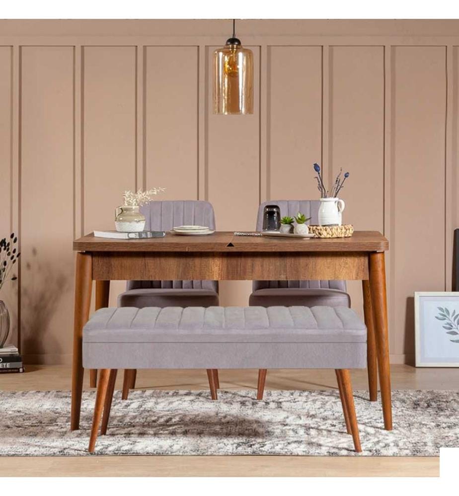 Extendable Dining Table & Chairs Set , 4 Pieces, Walnut, Grey, Melamine Coated Particle Board