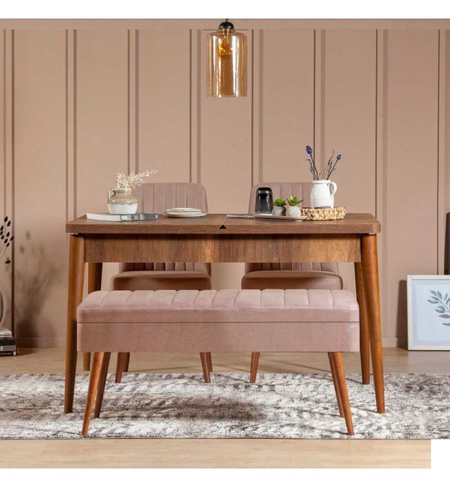 Extendable Dining Table & Chairs Set , 4 Pieces, Walnut, Stone, Melamine Coated Particle Board