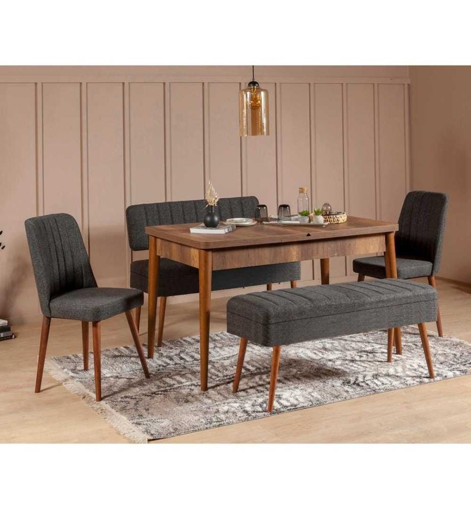 Extendable Dining Table & Chairs Set , 5 Pieces, Walnut, Anthracite, Melamine Coated Particle Board