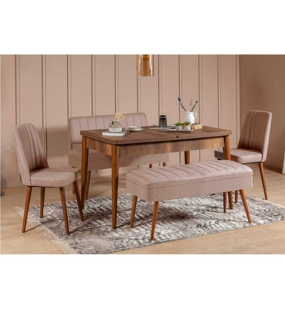 Extendable Dining Table & Chairs Set , 5 Pieces, Walnut, Stone, Melamine Coated Particle Board
