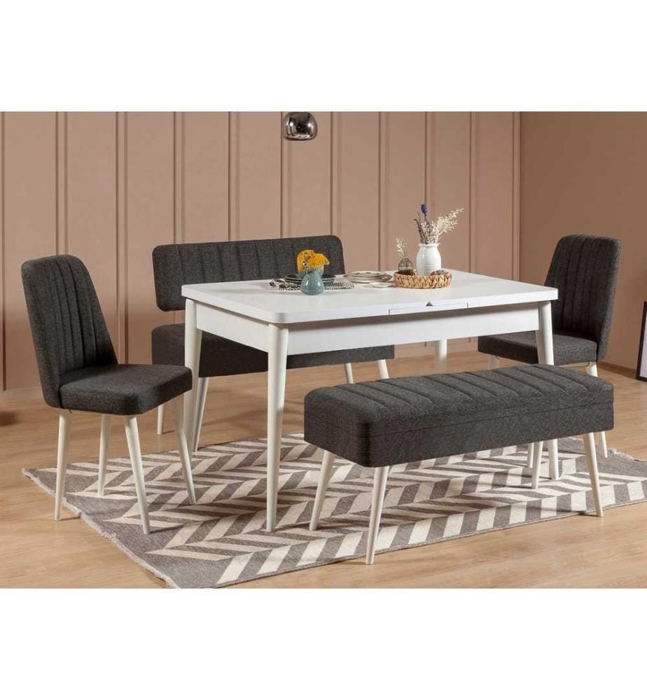 Extendable Dining Table & Chairs Set , 5 Pieces, White, Anthracite, Melamine Coated Particle Board