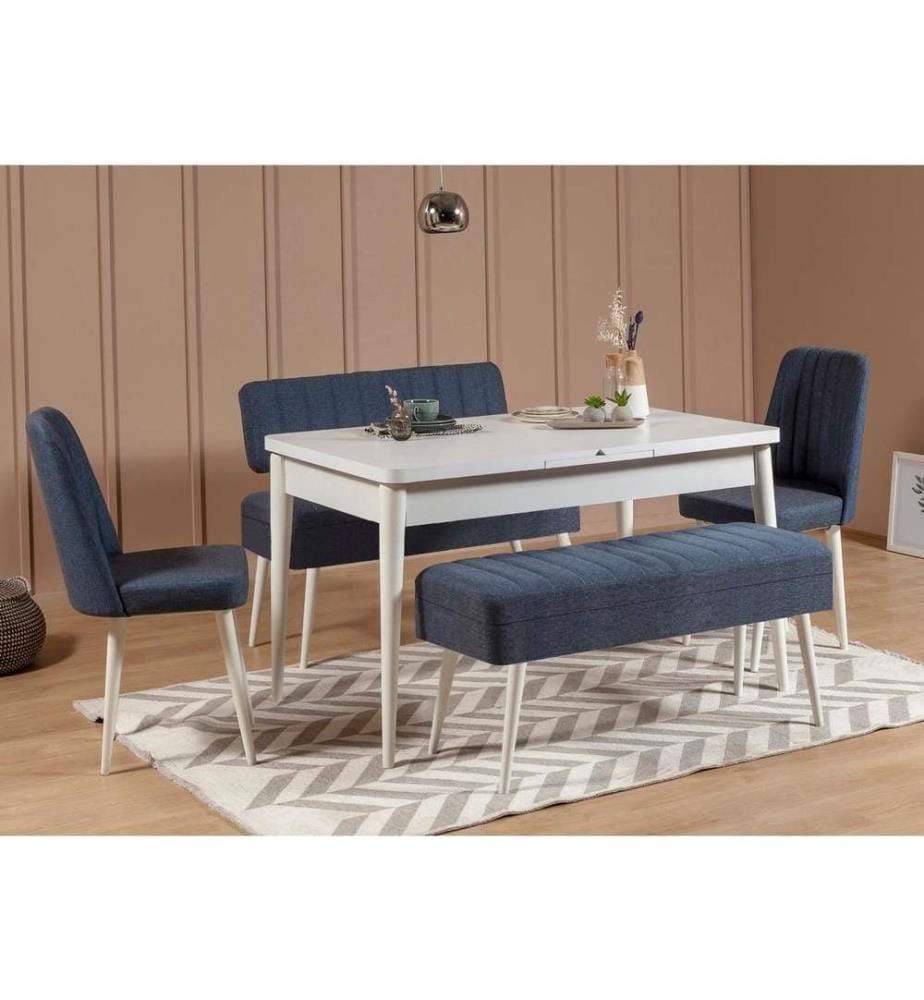 Extendable Dining Table & Chairs Set , 5 Pieces, White, Dark Blue, Melamine Coated Particle Board