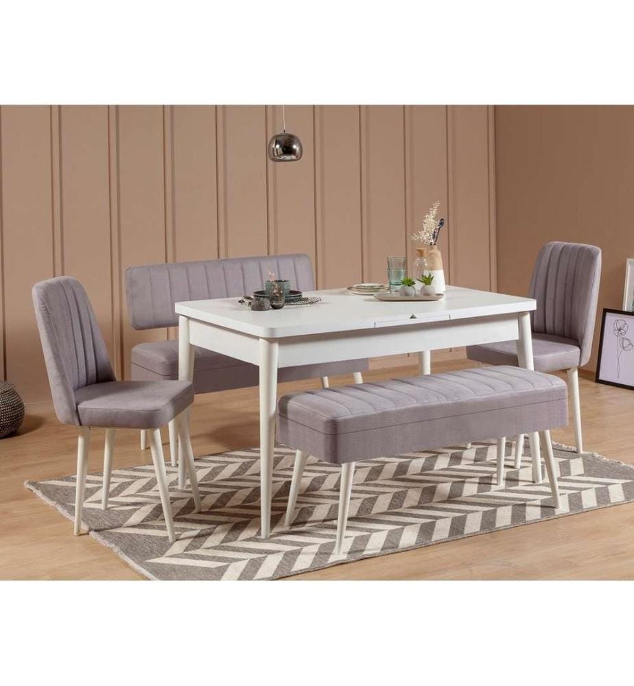 Extendable Dining Table & Chairs Set , 5 Pieces, White, Grey, Melamine Coated Particle Board