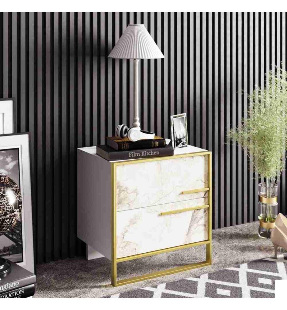 Nightstand, Gold White, Melamine Coated Particle Board, Metal Gold Part