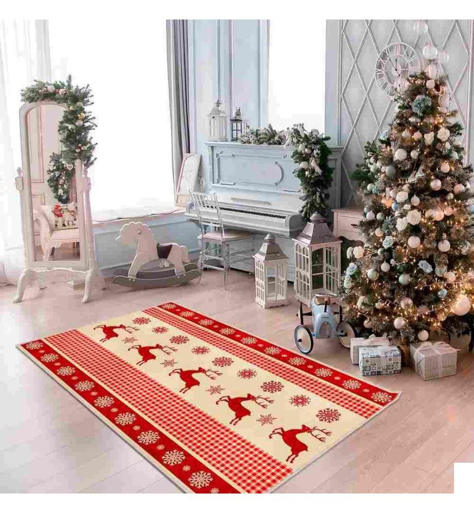 Tapis, rouge, crème, 70% coton - 30% chenille, 120 x 180 cm