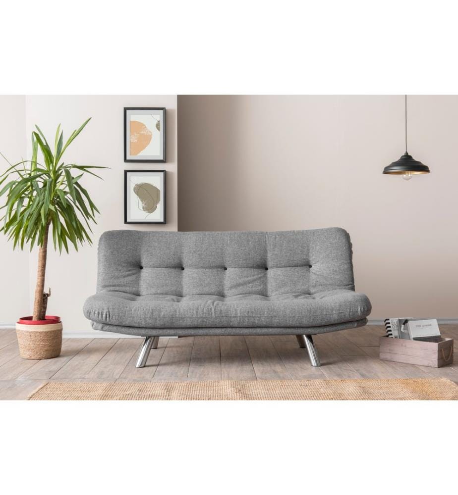 Canapé-lit 3 places, gris clair, structure : 100% métal, tissu : Linen Fabric