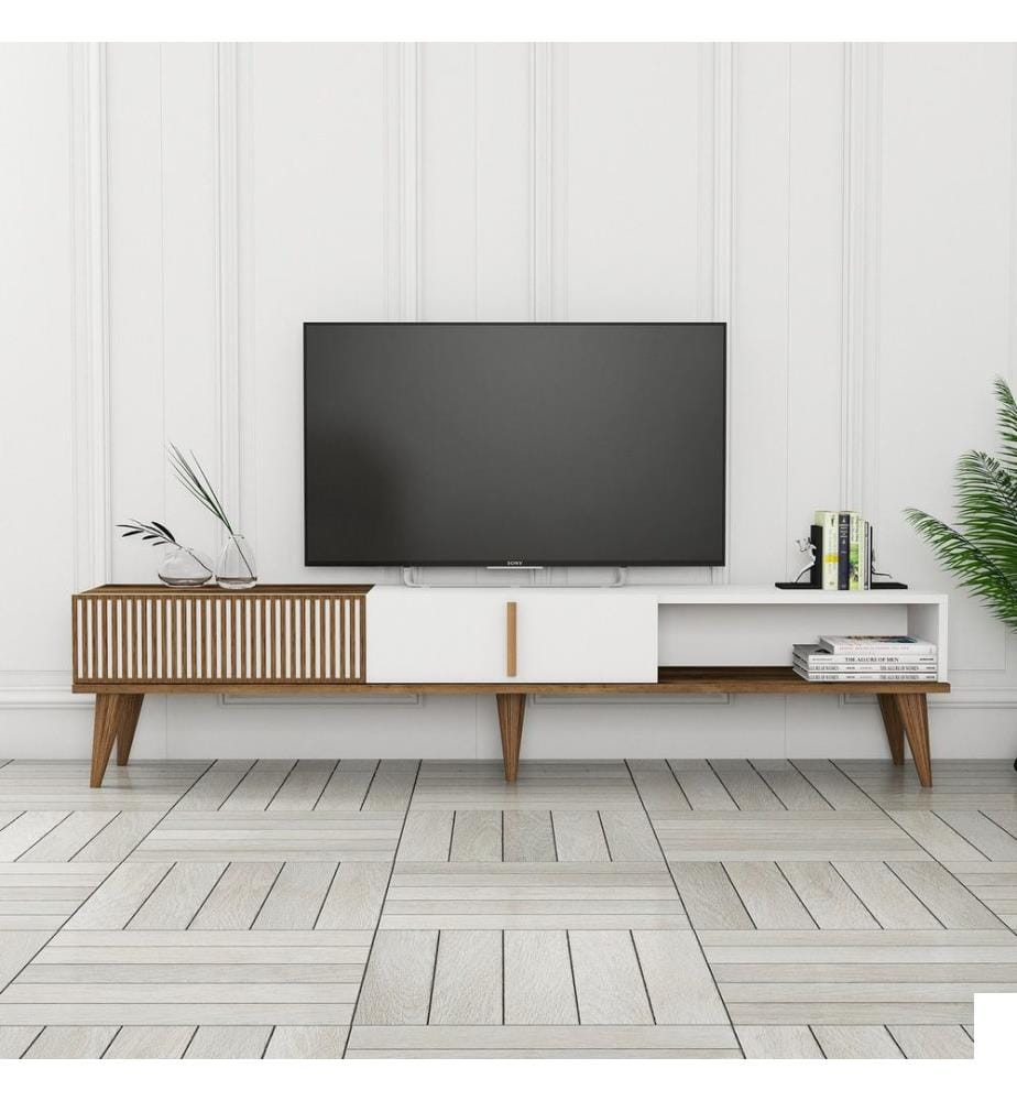Meuble TV, Noyer, Blanc, Panneau de particules mélaminé