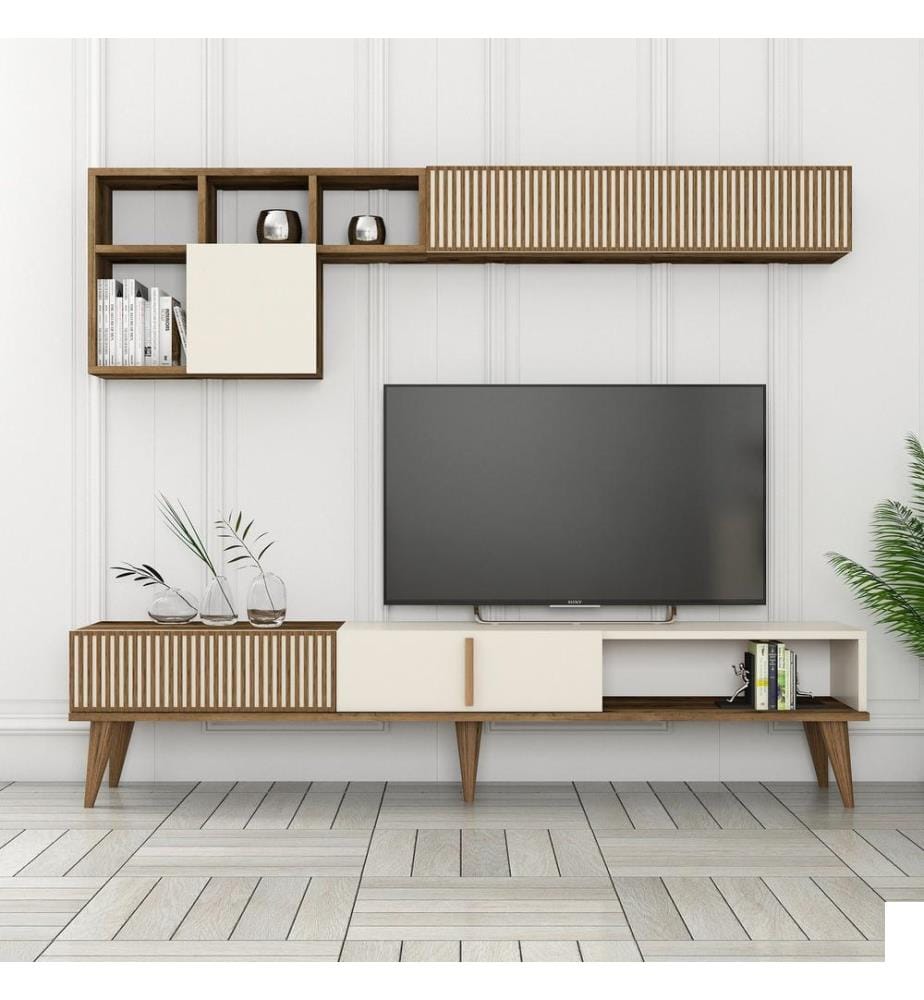 Meuble TV, Noyer, Crème, Panneau de particules mélaminé