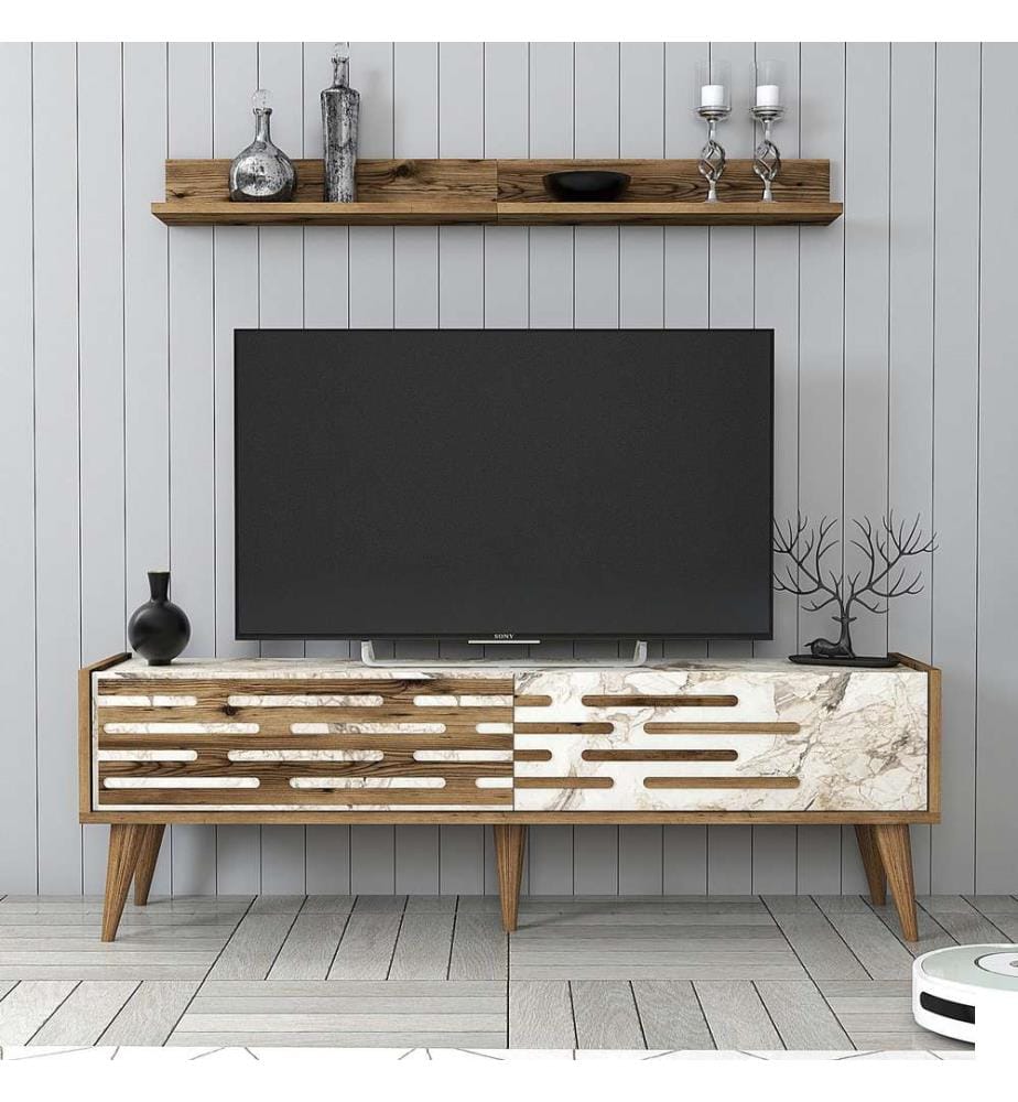 Meuble TV, Noyer, Blanc, Marbre, Panneau de particules mélaminé