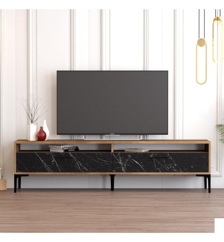 Meuble TV, Noyer, Marbre noir, Panneau de particules mélaminé