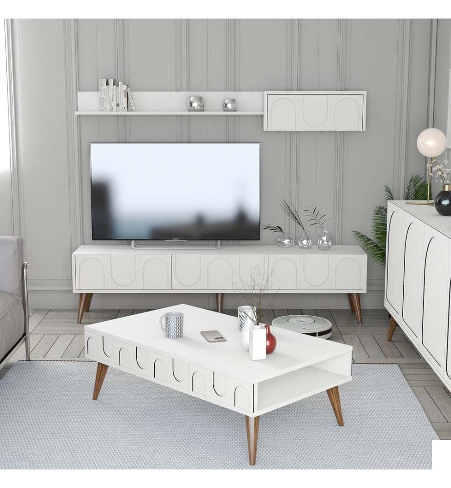 Ensemble de meubles de salon, blanc, noyer, 100% Melamine Particle Board