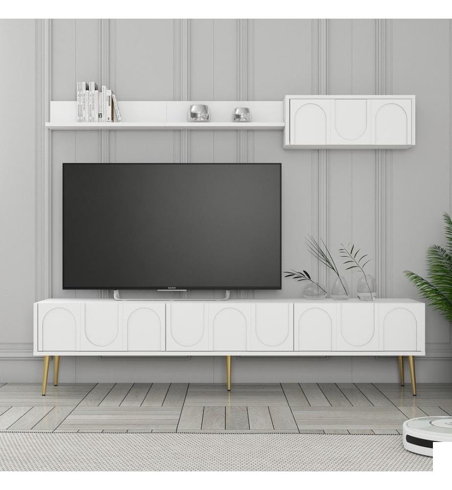 Meuble TV, Blanc, Or, 100% Melamine Coated Particle Board