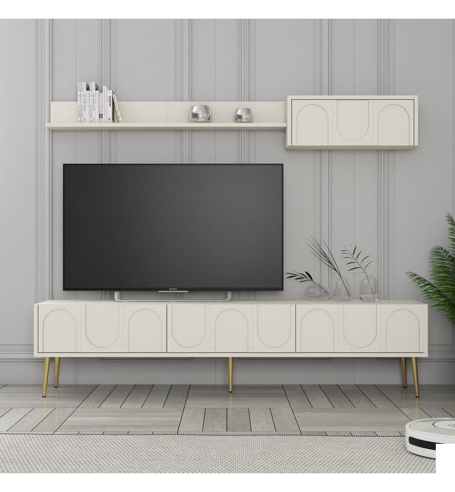 Meuble TV, Crème, Or, 100% Melamine Particle Board