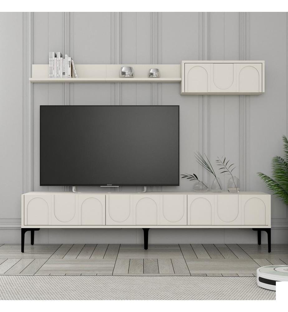Meuble TV, Crème, Noir, 100% Melamine Particle Board