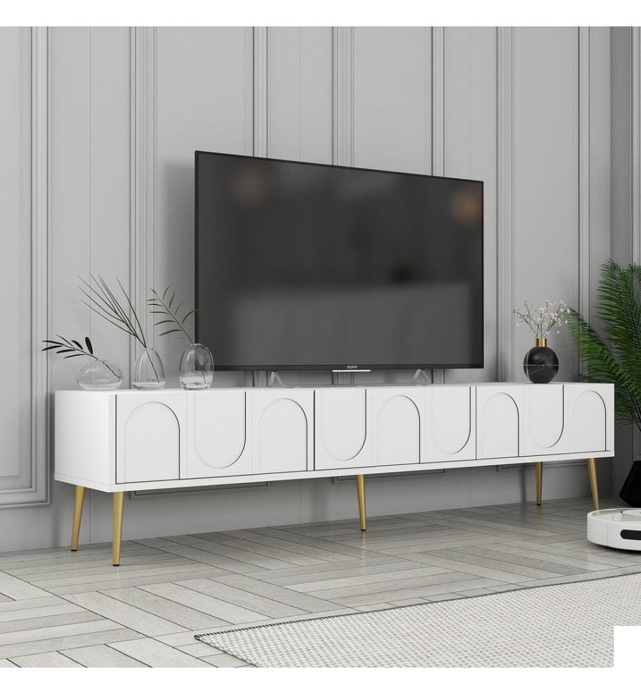 Meuble TV, Blanc, Or, 100% Melamine Particle Board