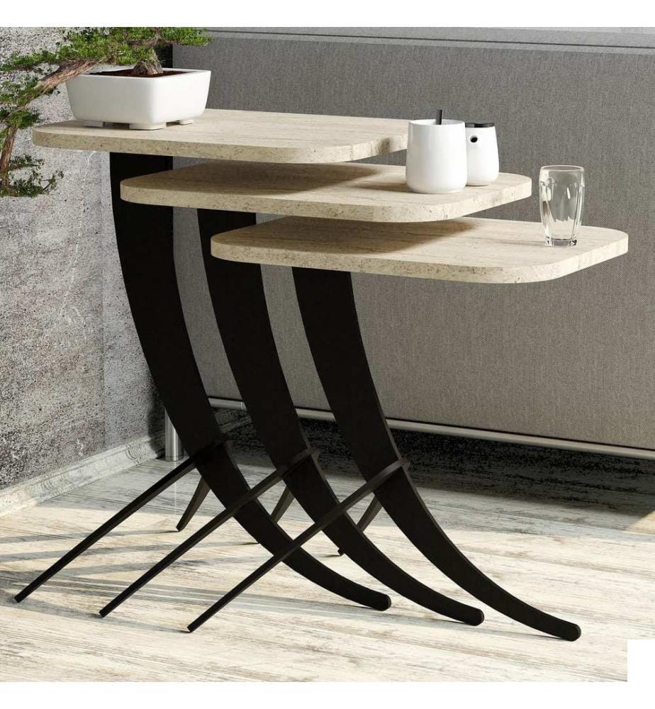 Table gigogne, 3 pièces, travertin, panneau de particules 100 % mélaminé