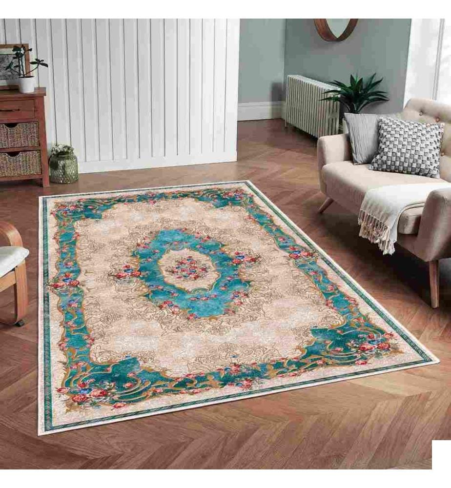 Tapis, crème, bleu, 70% coton - 30% chenille, 60 x 100 cm