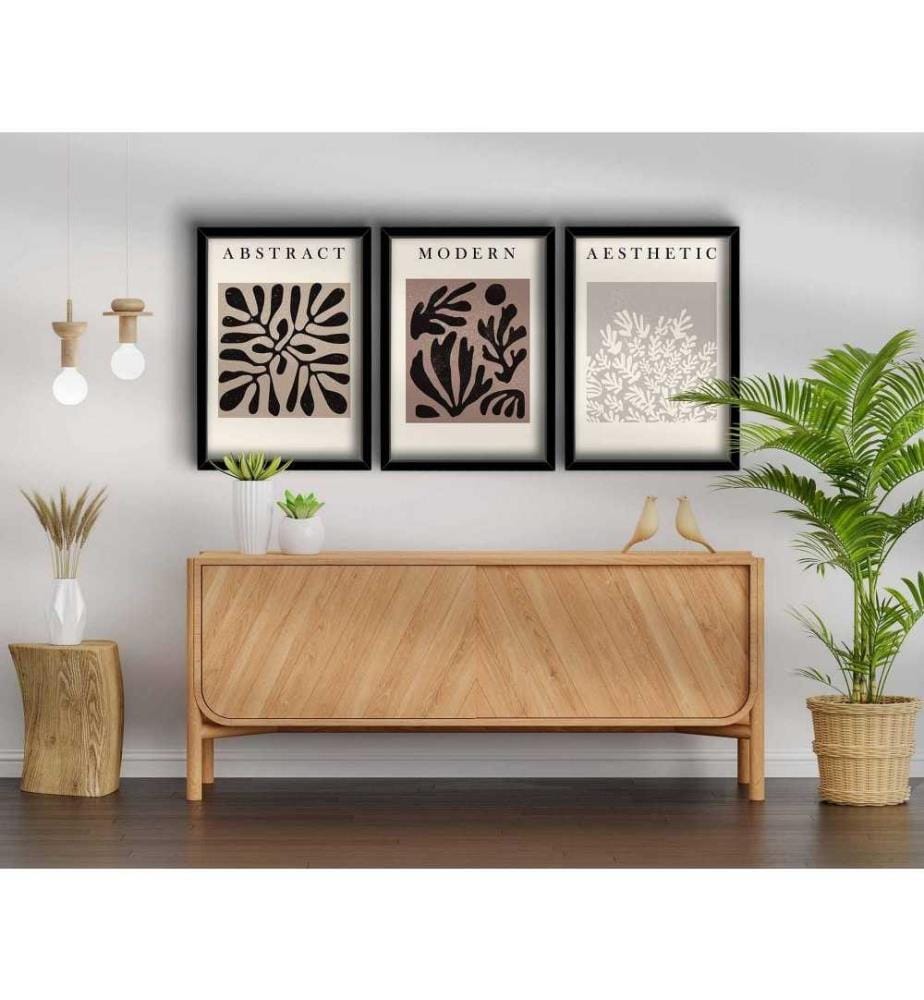 Tableau décoratif encadré MDF, 3 pièces, vison, gris, blanc, noir, MDF, encadrement en bois
