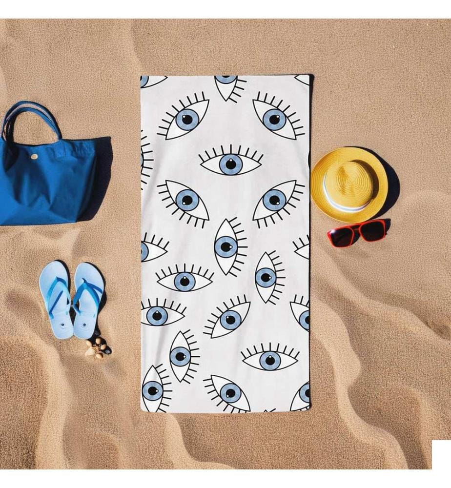 Serviette de plage, blanche, bleue, 60 % COTON / 40 % POLYESTER
