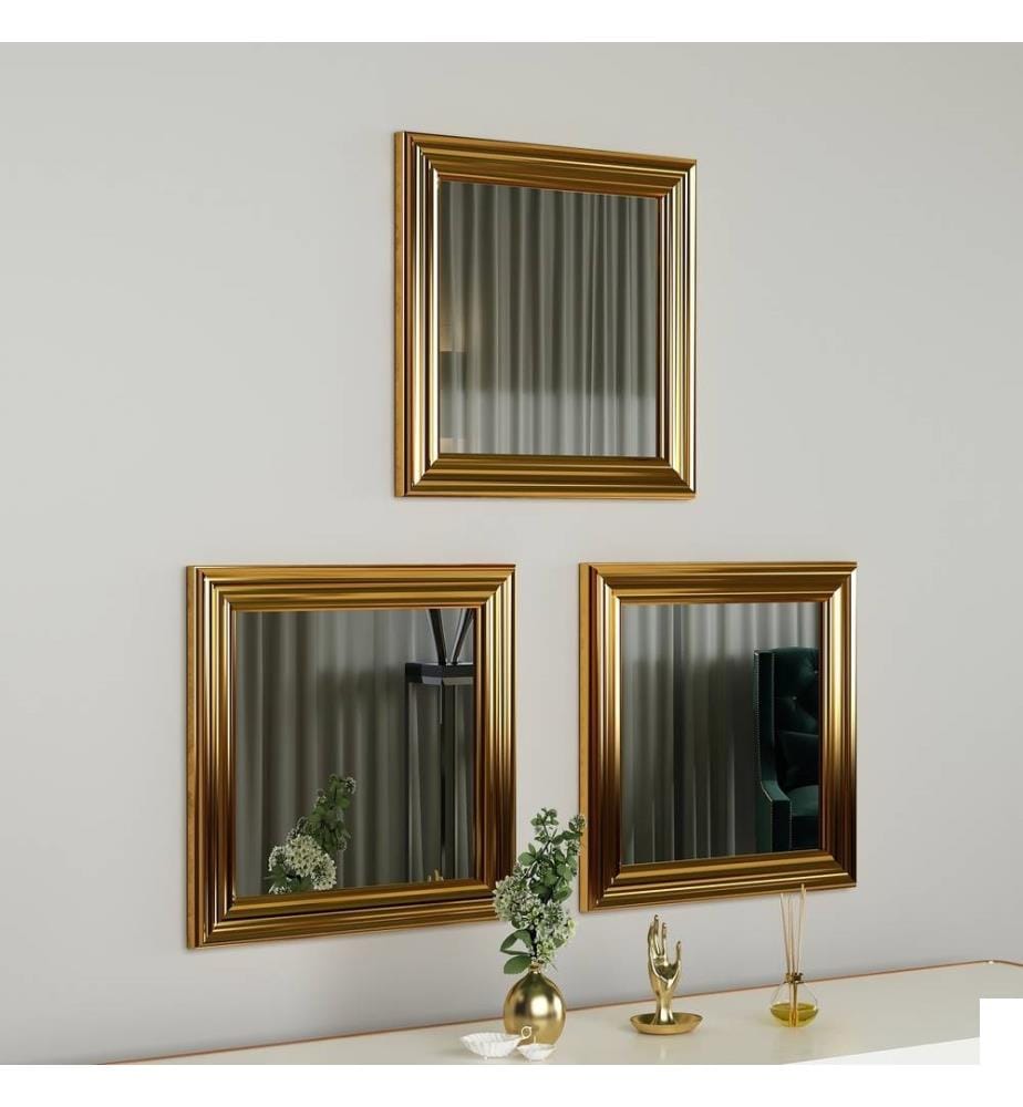 Set de miroirs, 3 pièces, or, MDF, cadre stratifié