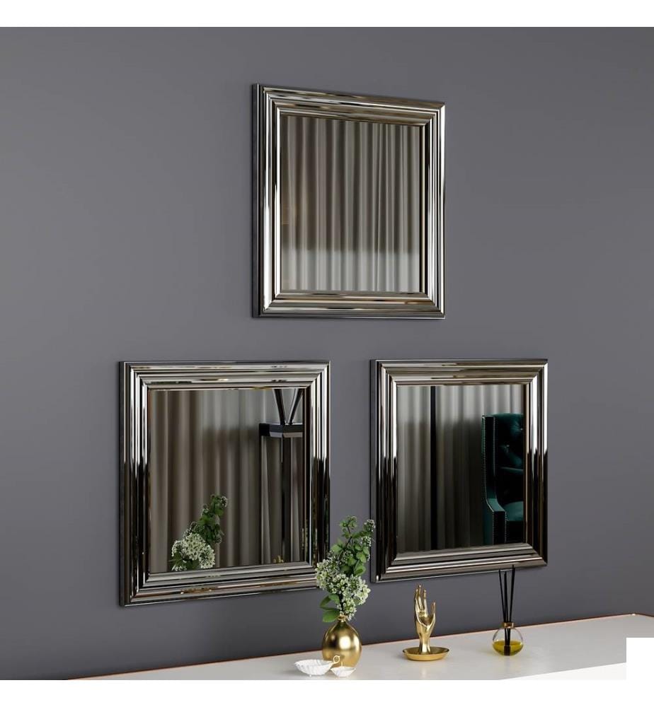 Set de miroirs, 3 pièces, argent, MDF, encadrement argent