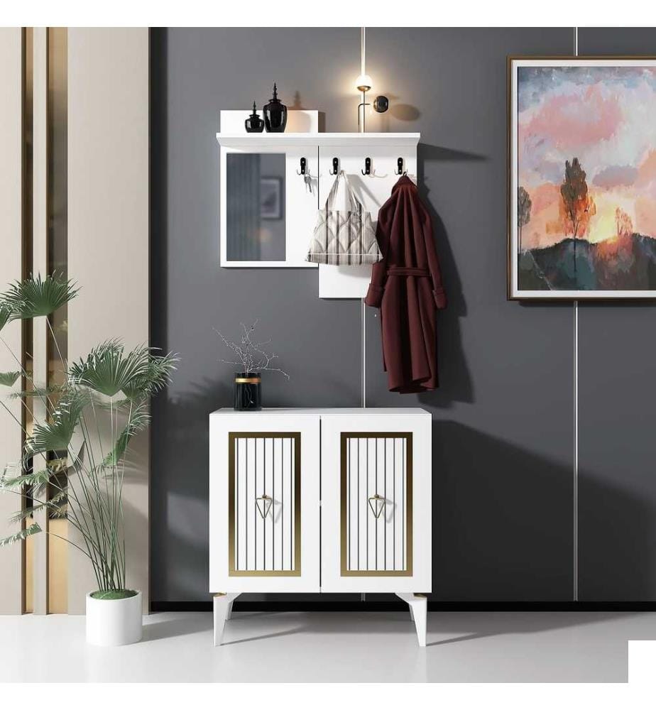 Hall Stand, blanc, or, panneau de particules mélaminé