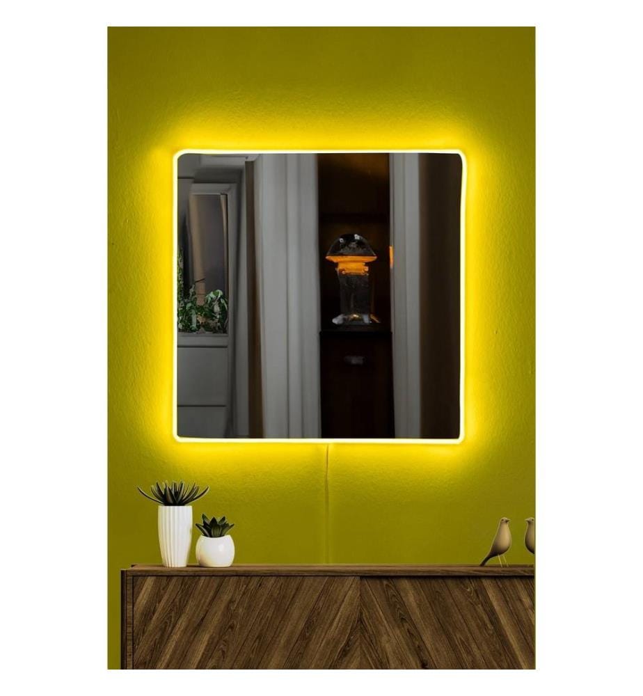Miroir avec éclairage Led, jaune, miroir incassable résistant aux regards, miroir acrylique avec support MDF