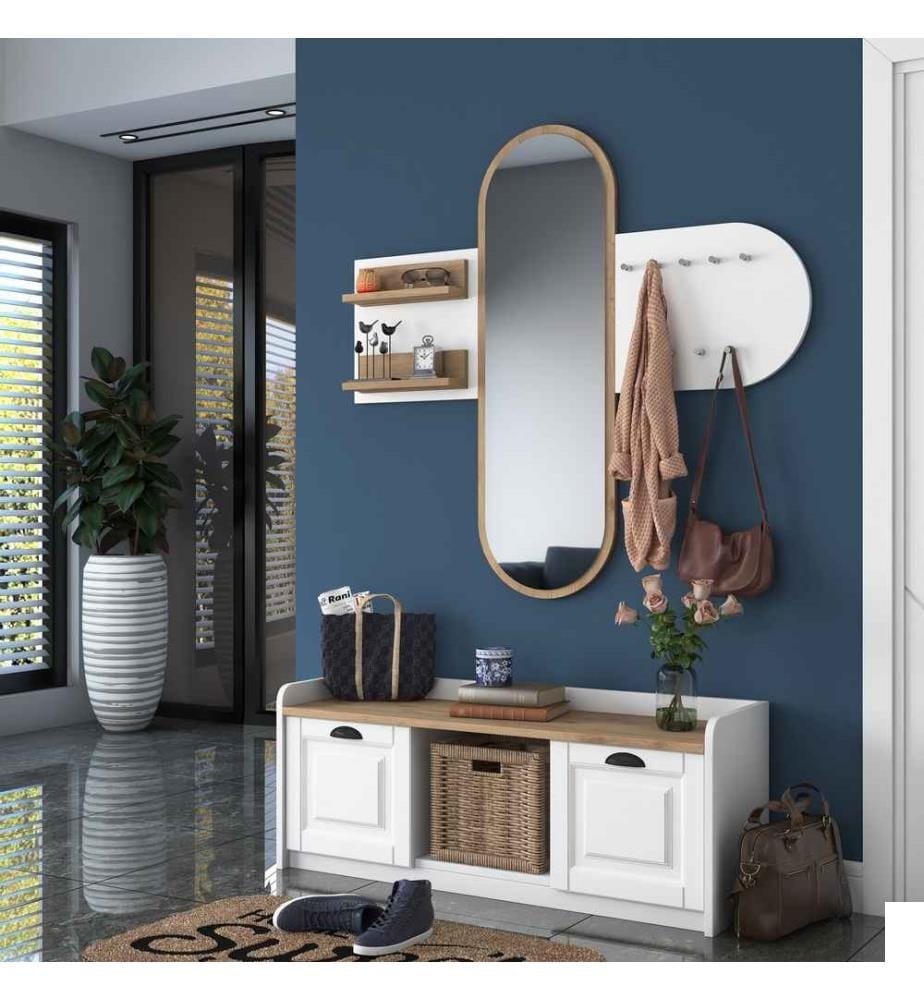 Hall Stand, blanc, noyer, panneau de particules mélaminé