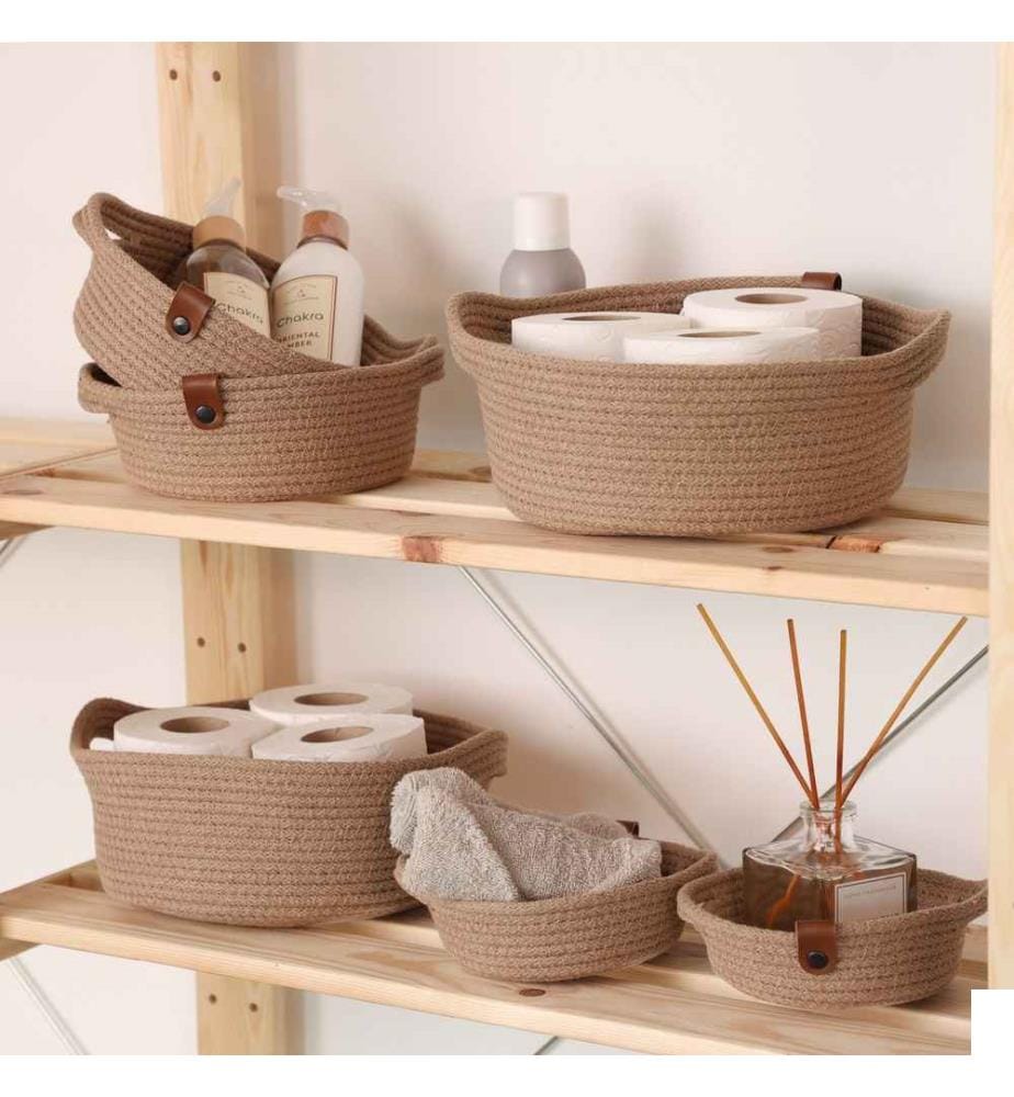 Panier en coton, 6 pièces, beige, 100% coton, corde de jute, fait à la main