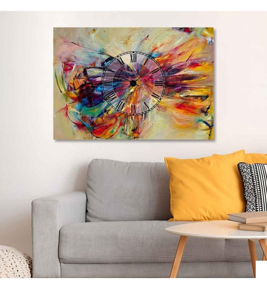 Horloge murale décorative, multicolore, 100% coton, cadre en bois