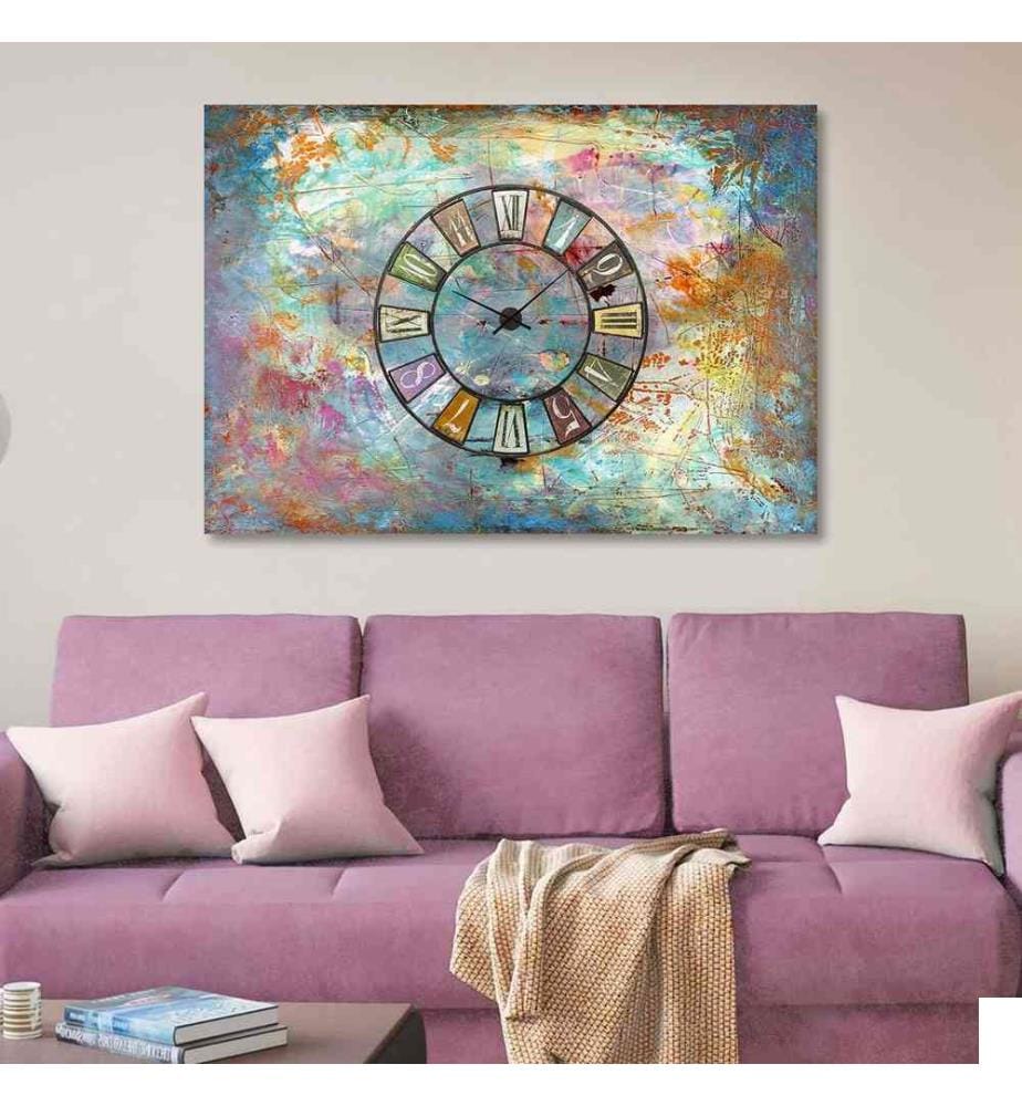 Horloge murale décorative, multicolore, 100% coton, cadre en bois