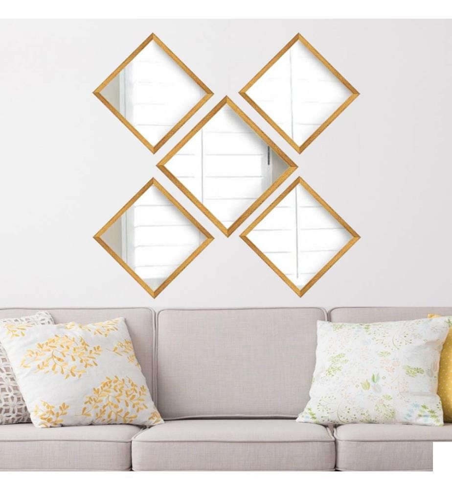 Set de miroirs, 5 pièces, or argent, verre, cadre en plastique stratifié