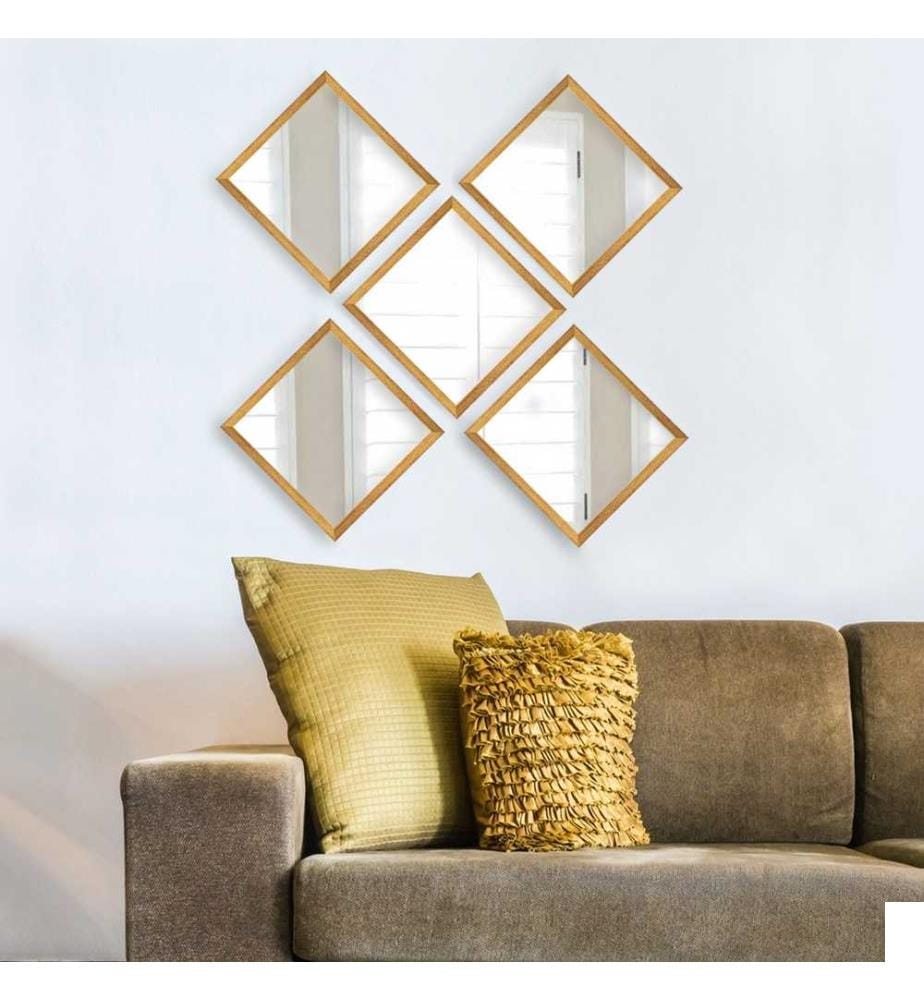 Set de miroirs, 5 pièces, or argent, verre, cadre en plastique stratifié