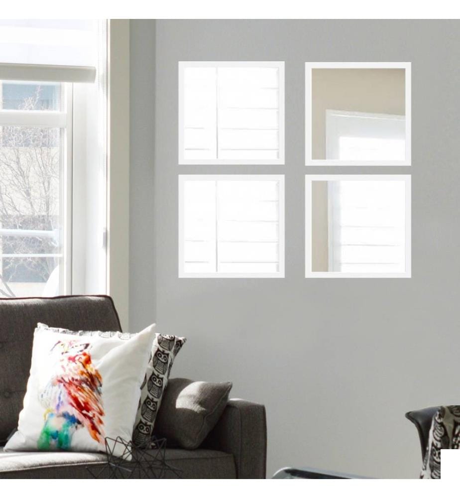 Set de miroirs, 4 pièces, blanc argent, verre, cadre en plastique stratifié