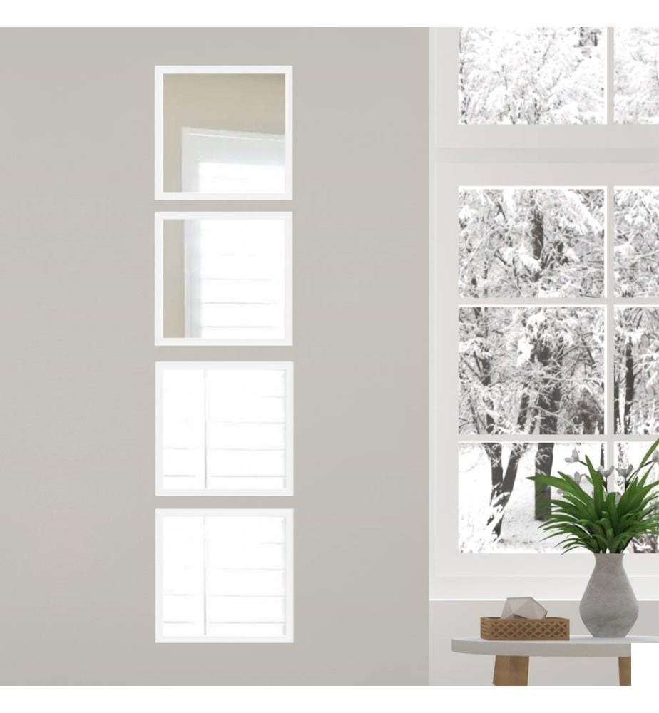 Set de miroirs, 4 pièces, blanc argent, verre, cadre en plastique stratifié
