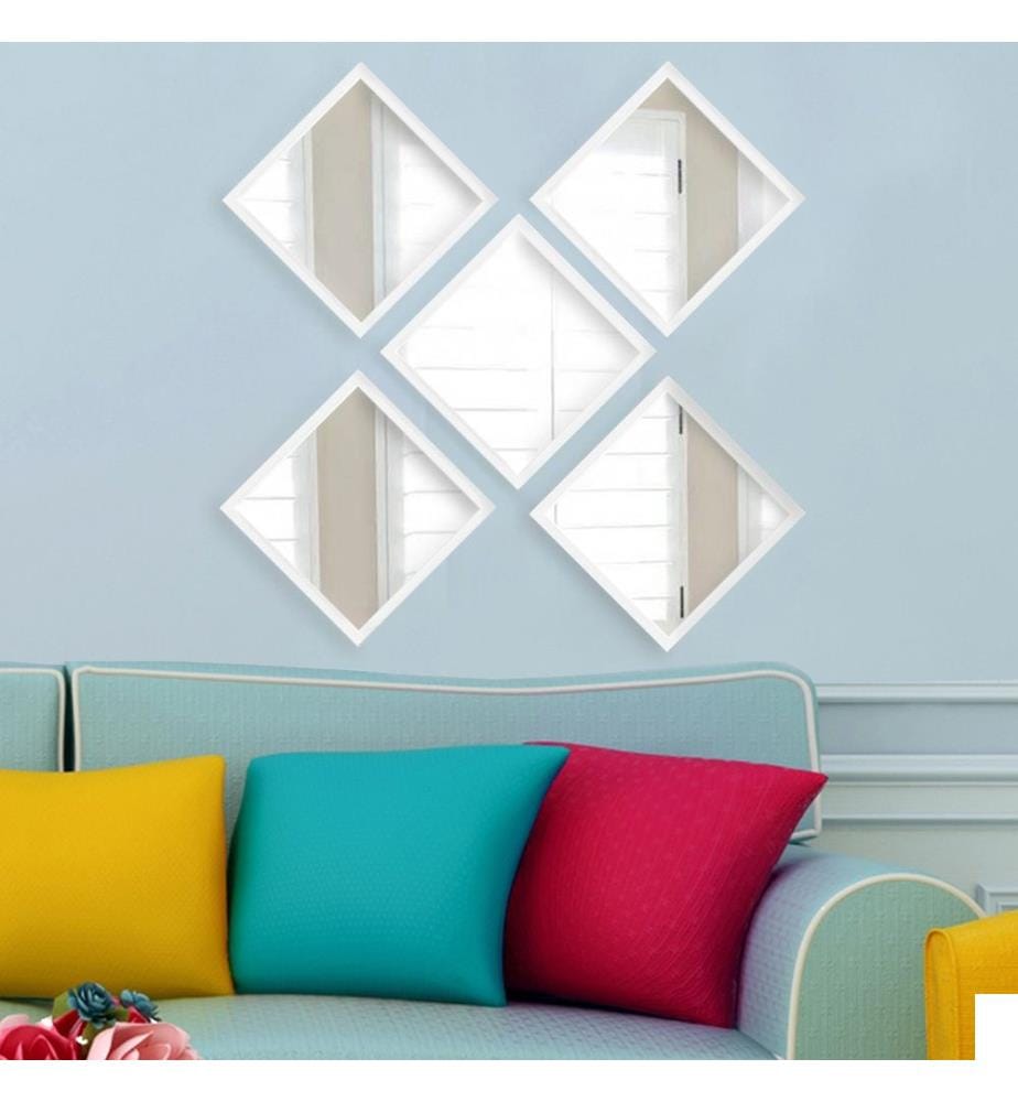 Set de miroirs, 5 pièces, blanc argent, verre, cadre en plastique stratifié