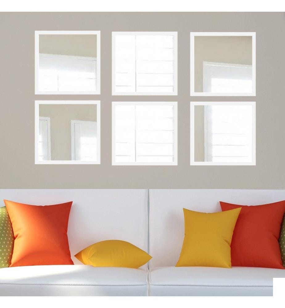 Set de miroirs, 6 pièces, blanc argent, verre, cadre en plastique stratifié