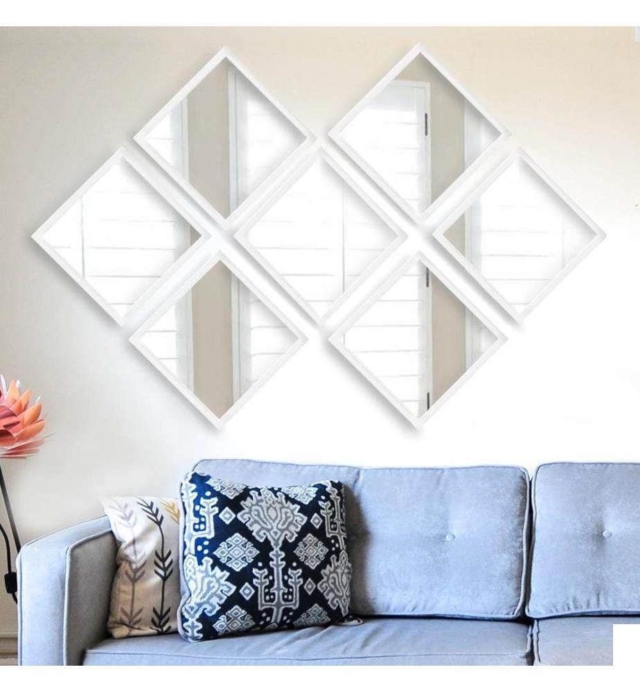Set de miroirs, 7 pièces, blanc argent, verre, cadre en plastique stratifié