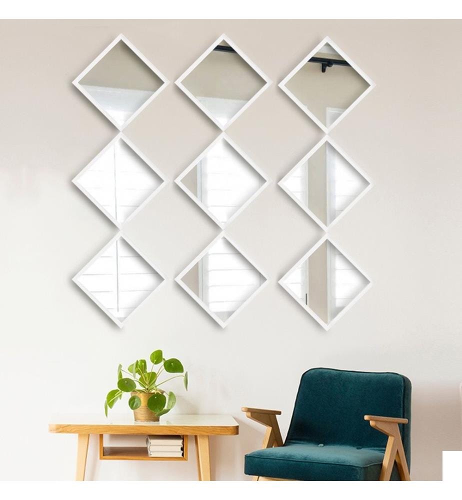 Set de miroirs, 9 pièces, blanc argent, verre, cadre en plastique stratifié