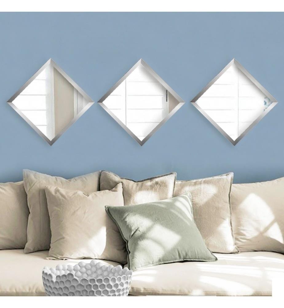 Set de miroirs, 3 pièces, argent, verre, cadre en plastique stratifié