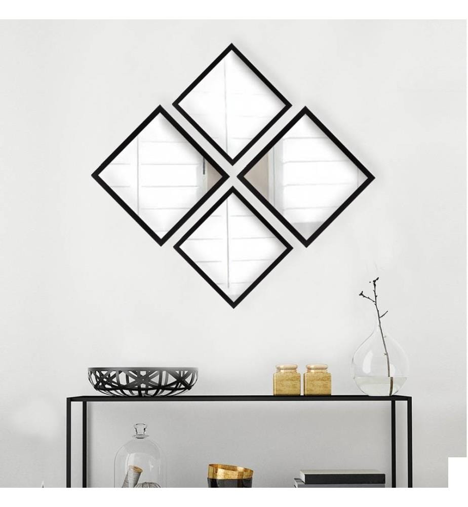 Set de miroirs, 4 pièces, argent noir, verre, cadre en plastique stratifié