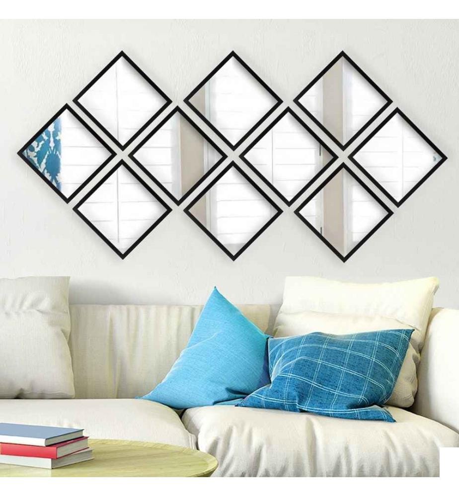 Set de miroirs, 10 pièces, argent noir, verre, cadre en plastique stratifié