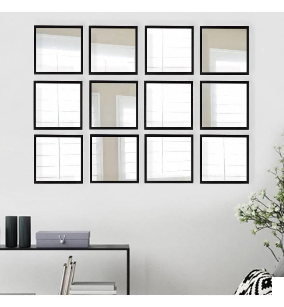 Set de miroirs, 12 pièces, argent noir, verre, cadre en plastique stratifié