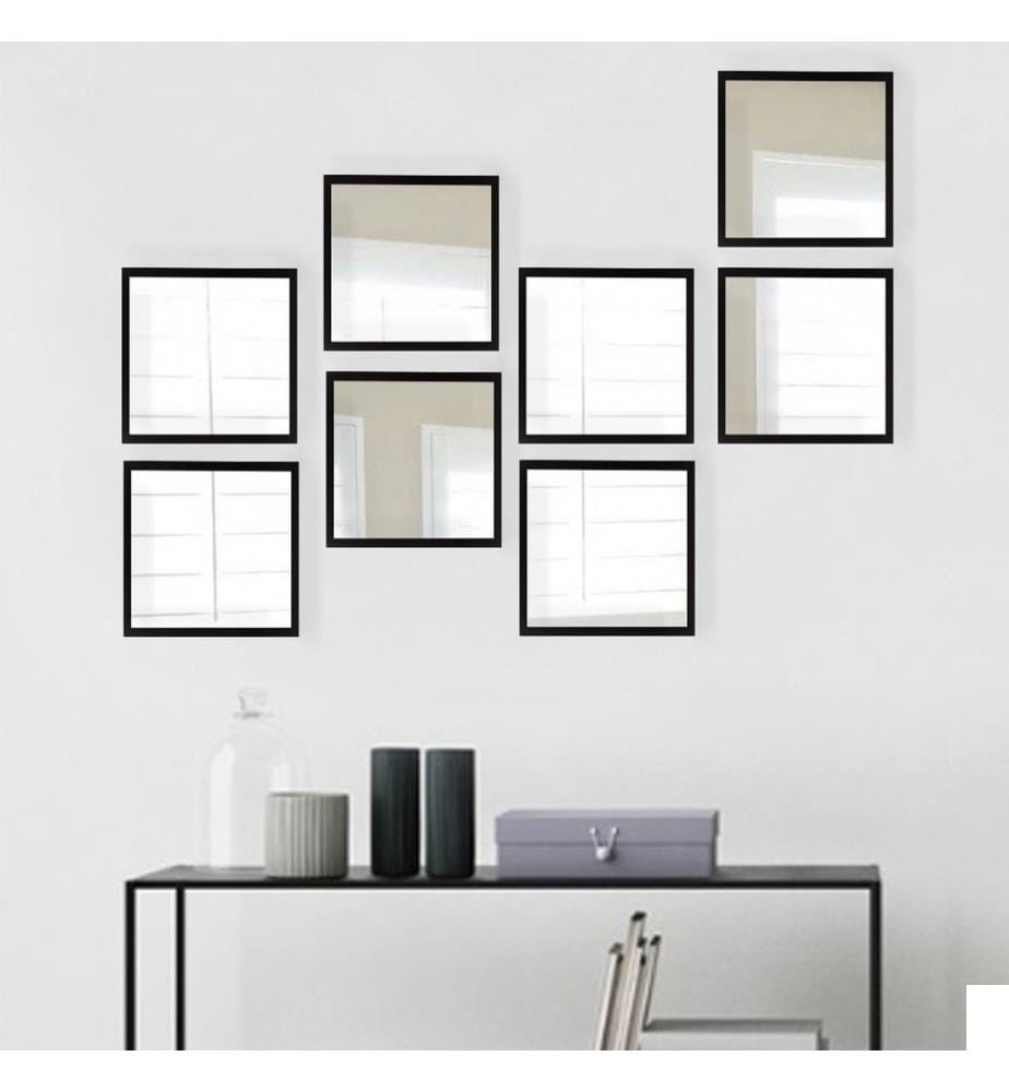 Set de miroirs, 8 pièces, argent noir, verre, cadre en plastique stratifié