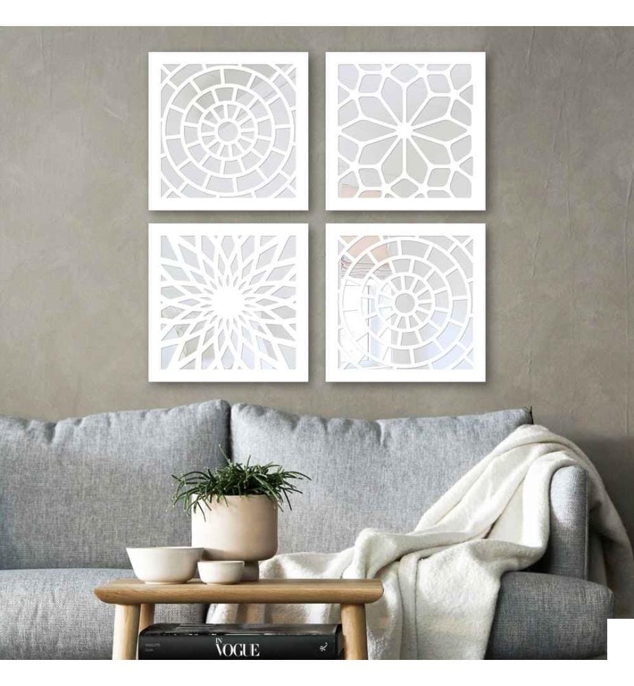 Set de miroirs, 4 pièces, argent, verre, MDF, découpe laser