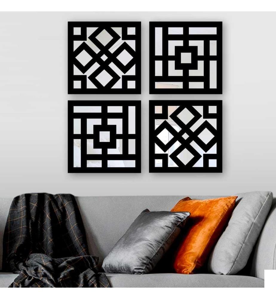 Set de miroirs, 4 pièces, argent, verre, MDF, découpe laser