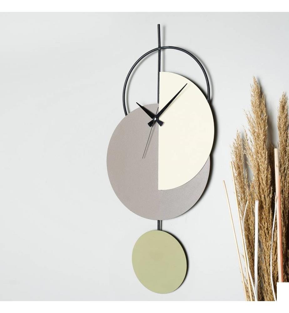 Horloge murale décorative, verte, grise, crème, 100% métal