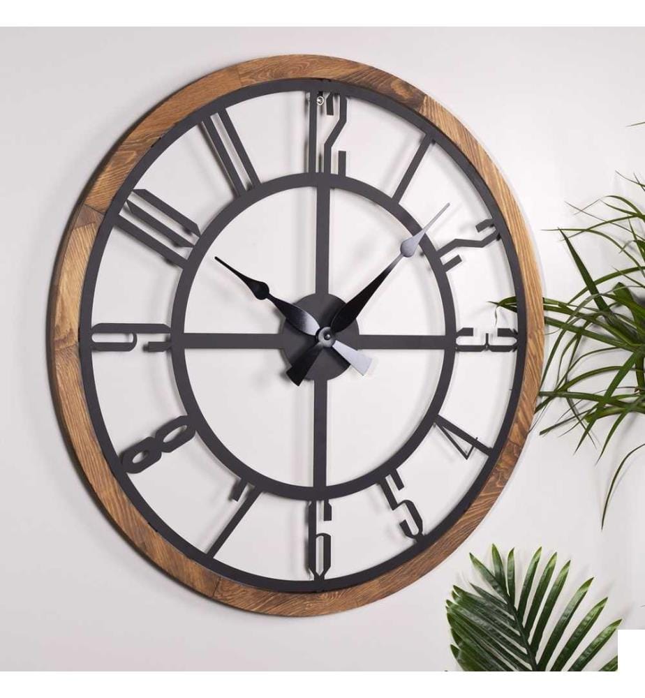 Horloge murale décorative, noir, chêne, 100% métal