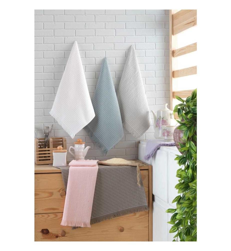 Set de serviettes de toilette, 6 pièces, blanc vert poudre brun beige, coton, 290 gr-m²,